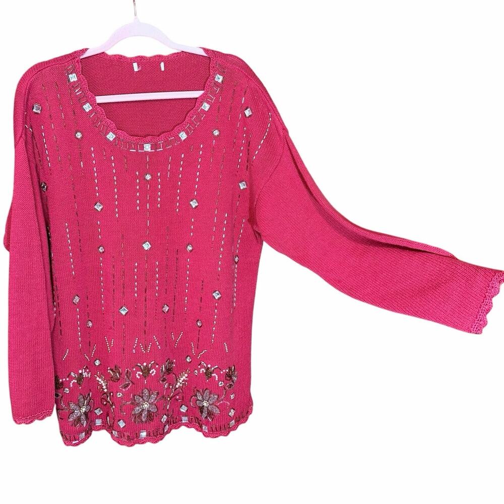 Vintage Red Beaded 1980s Knit Sweater Cotton Ramie Blend bling bedazzled